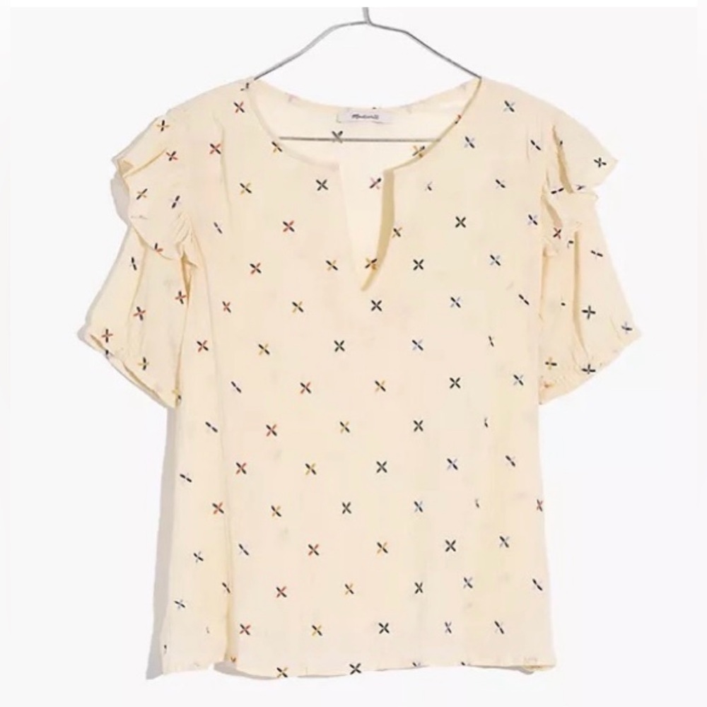 Madewell Embroidered Gazebo Top Rainbow Xs Cloud Lining Small Short Sleeve Gauze